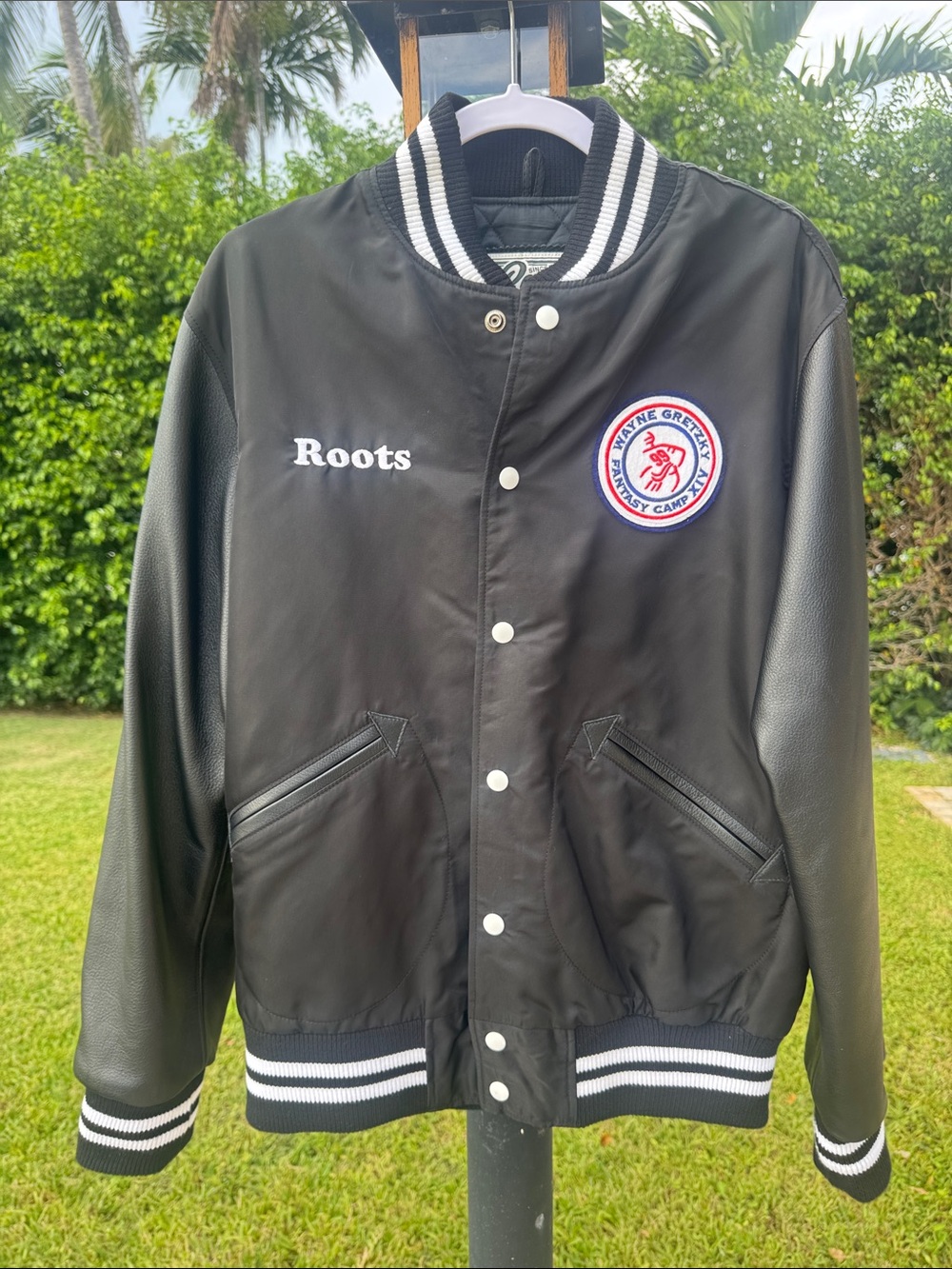 Roots Wayne Gretzky Black Varsity Bomber Jacket Leather Sleeves L